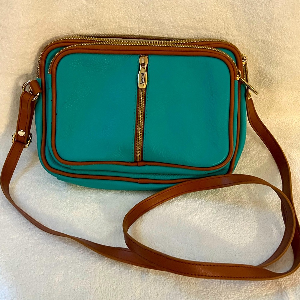 Valentina Italian pebbled leather Tiffany blue/beige crossbody
